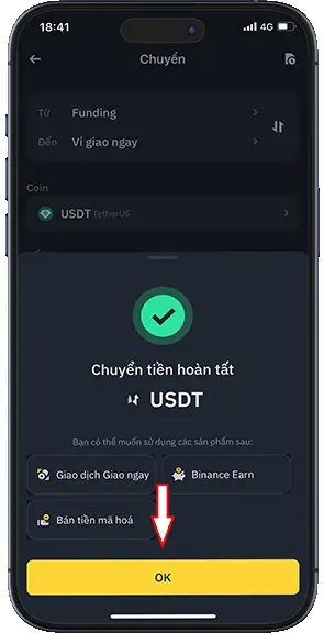 Bước 3: Màn hình chuyển tiền hoàn tất >>  Ấn ok